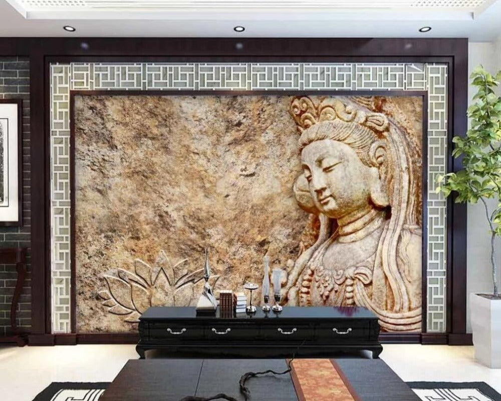 3D Wallpaper Stone Carving Buddha