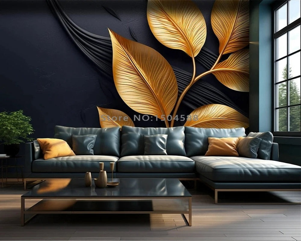 3D Wallpaper Nordic Gold & Black Leaves