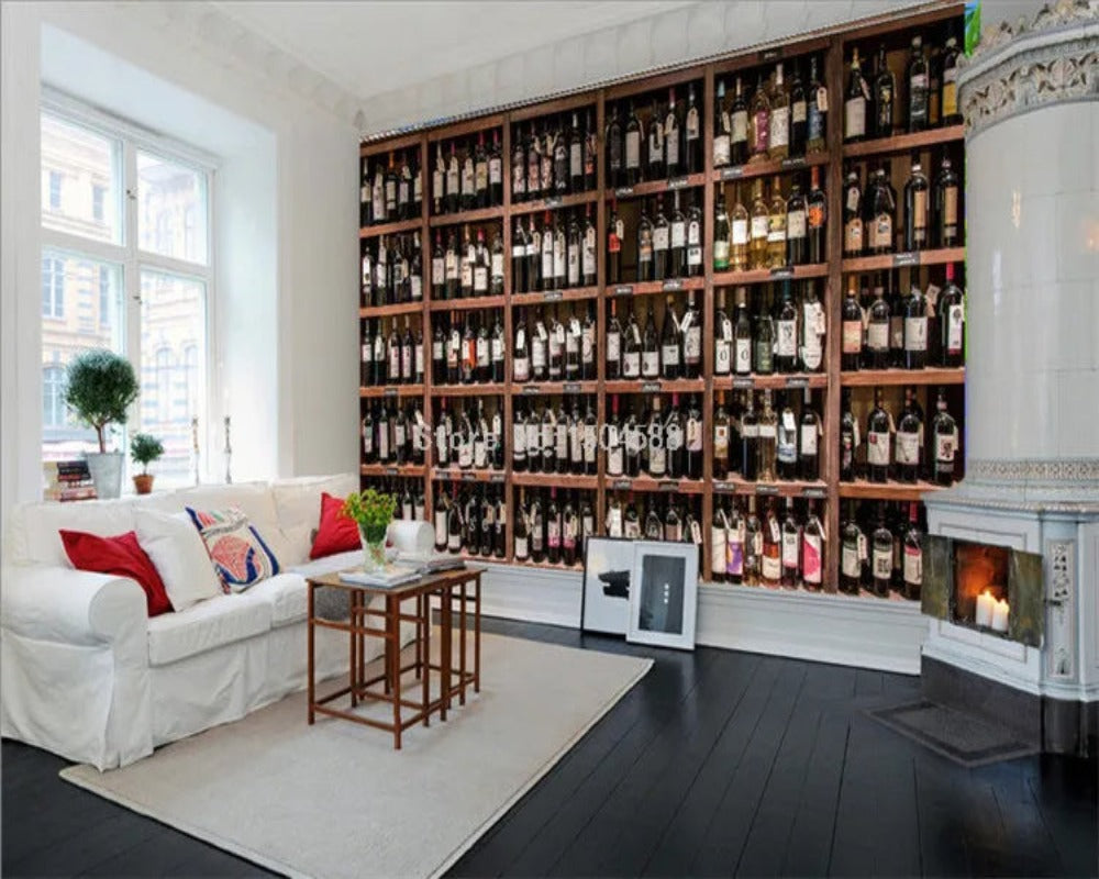 3D Wallpaper Wooden Wine Rack