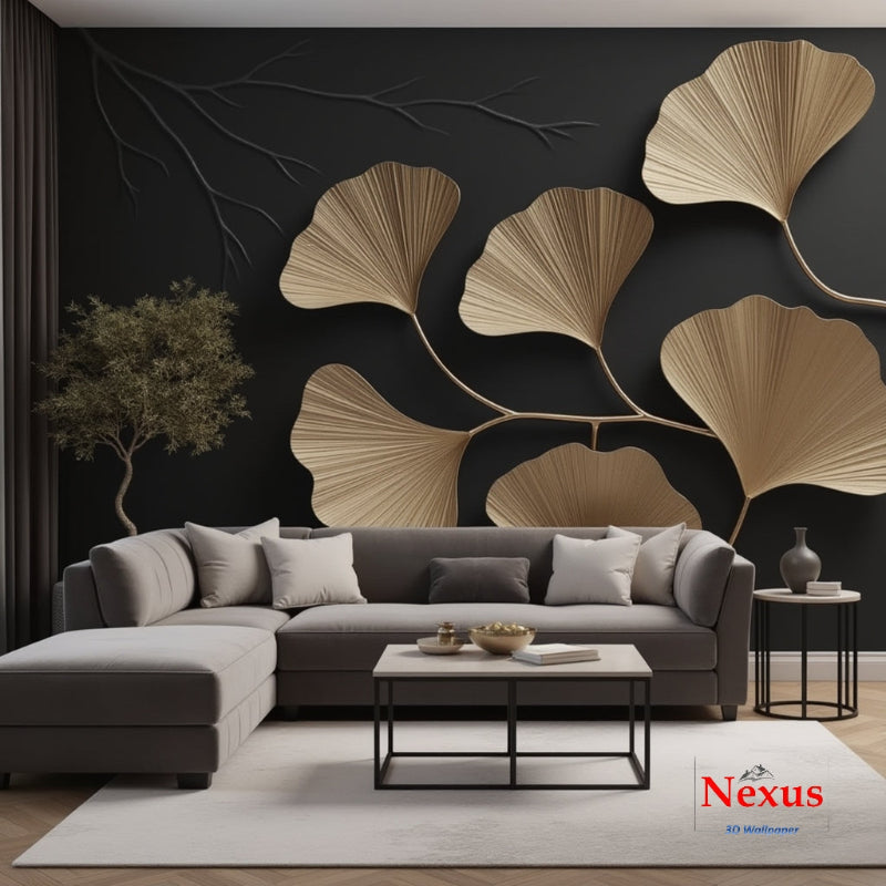 3D Wallpaper Golden Leaves 