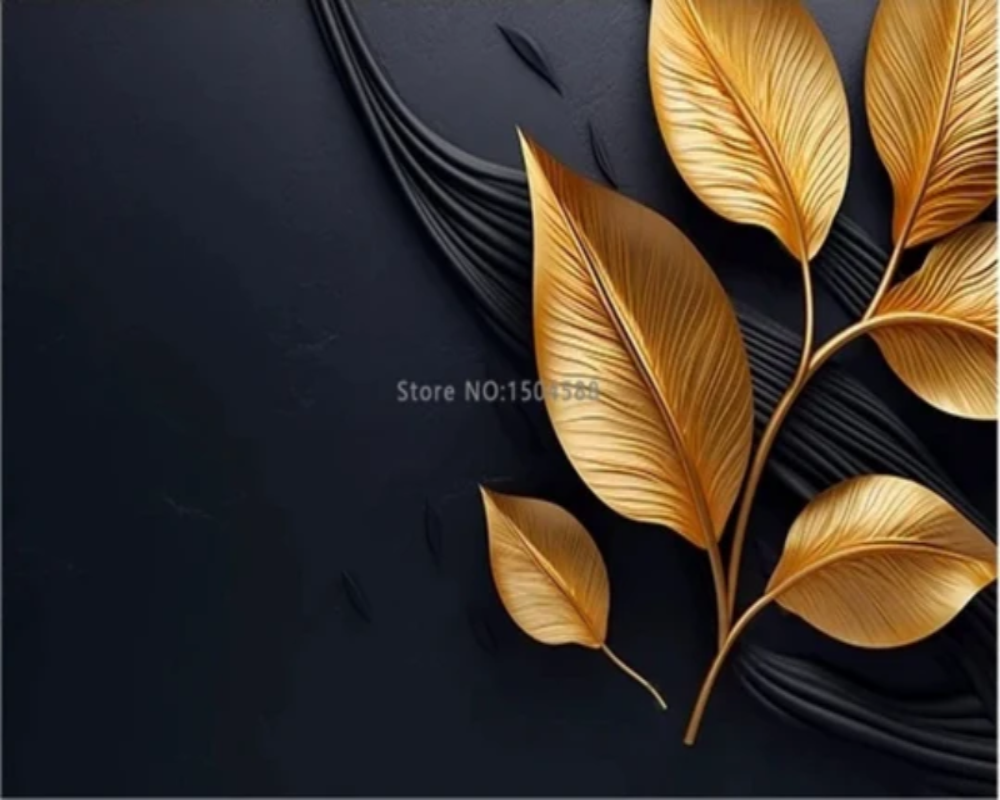 3D Wallpaper Nordic Gold & Black Leaves SKU# WAL0434