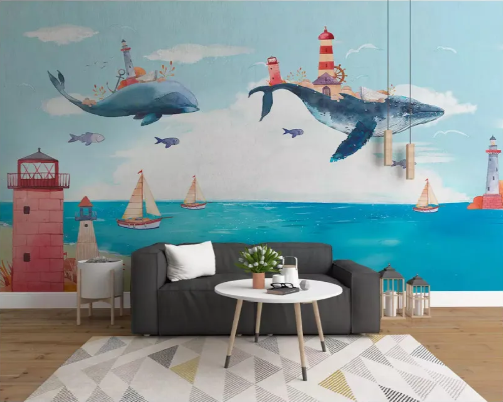 3D Wallpaper Happy Blue Whales 
