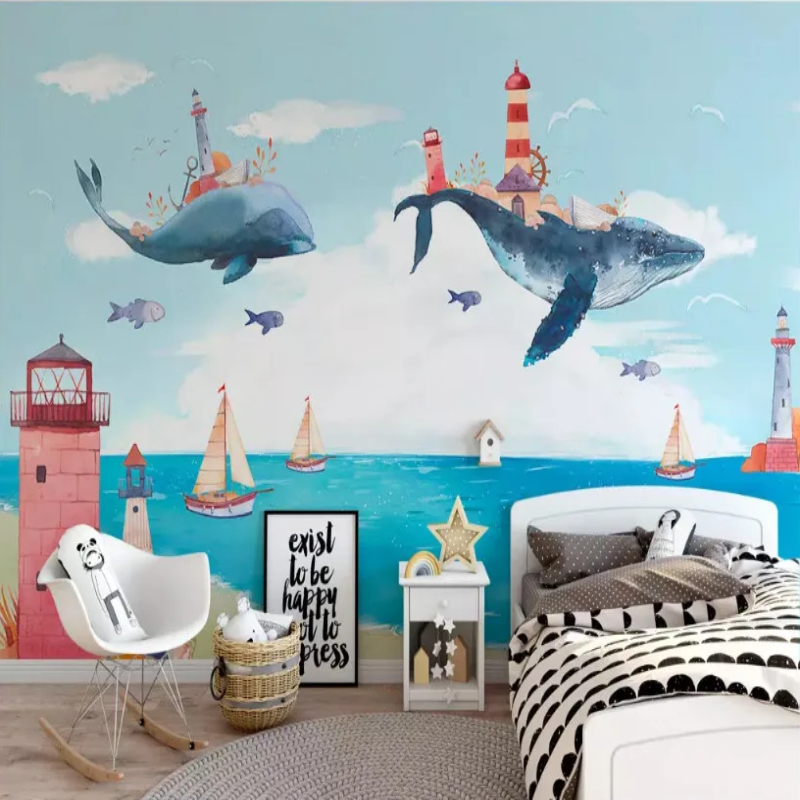 3D Wallpaper Happy Blue Whales 