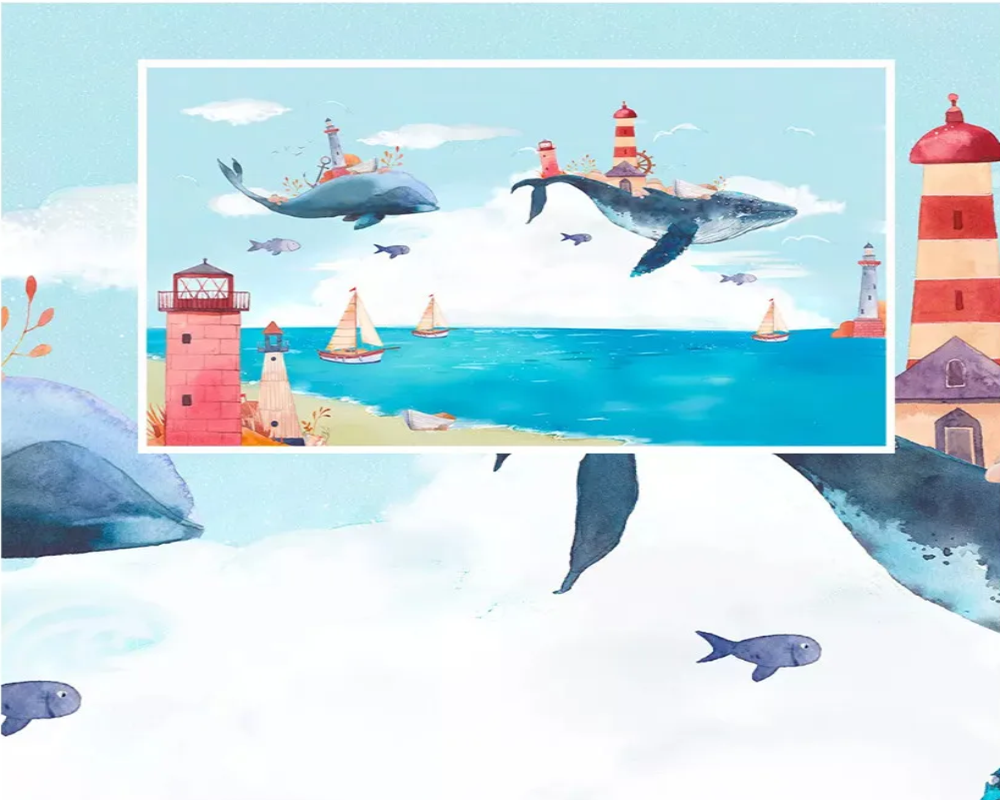 3D Wallpaper Happy Blue Whales 