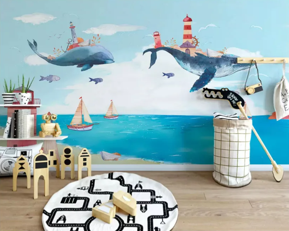 3D Wallpaper Happy Blue Whales 