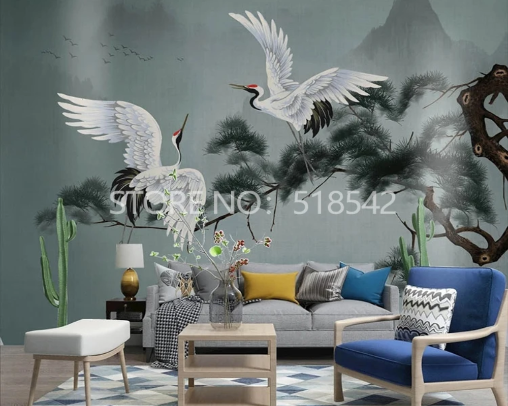 3D Wallpaper Flying Chinese Cranes 