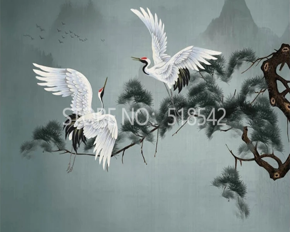 3D Wallpaper Flying Chinese Cranes 