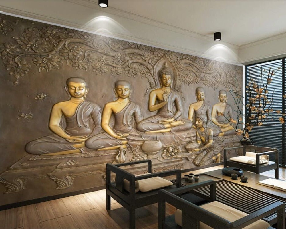 Religious 3D Wallpaper Buddha & Disciples
