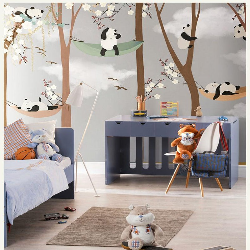 3D Wallpaper Cartoon Panda Trees 